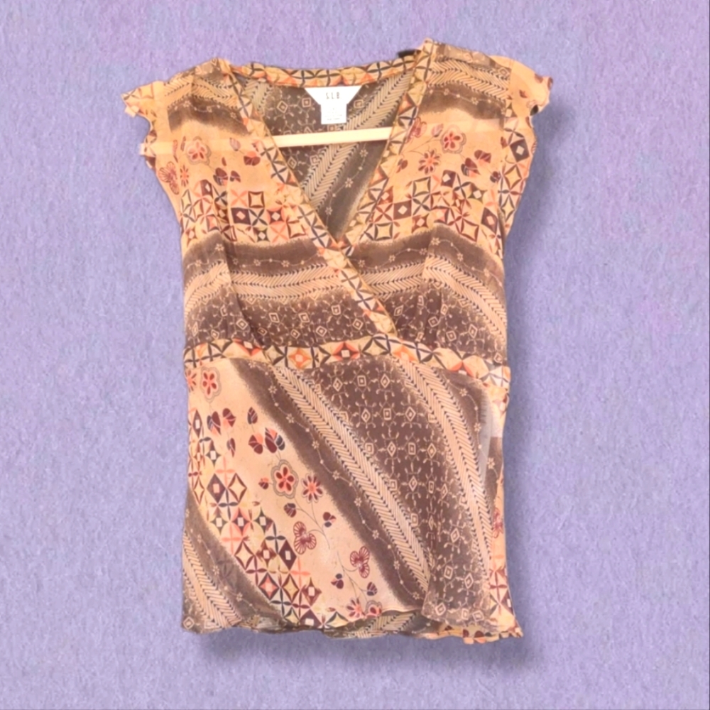 Y2K 100% Silk New S.L.B. Silk Brown Multi-color Top, Small